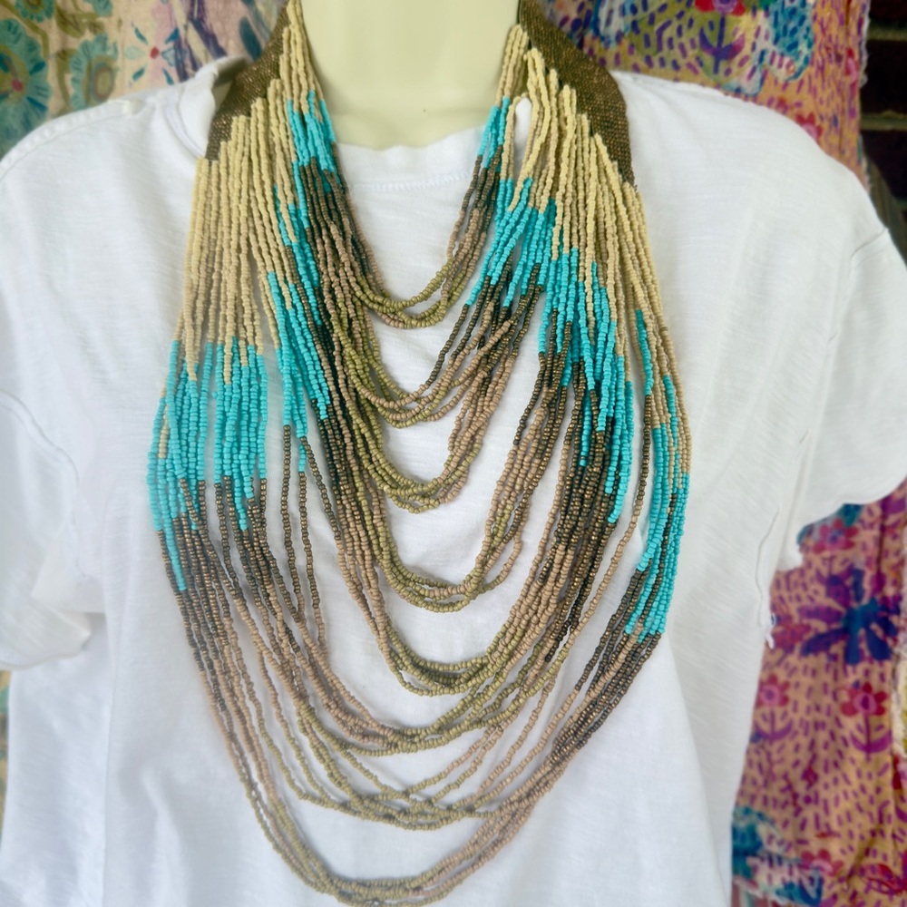 Multicolor Turquoise Gold Beaded Long Boho Necklace Bib